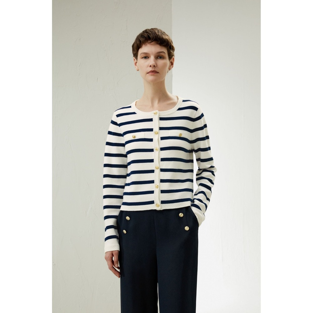 Lilysilk Womens Gariana Stripe Wool Cardigan Large Navy/Ivory Gold Buttons Prepy